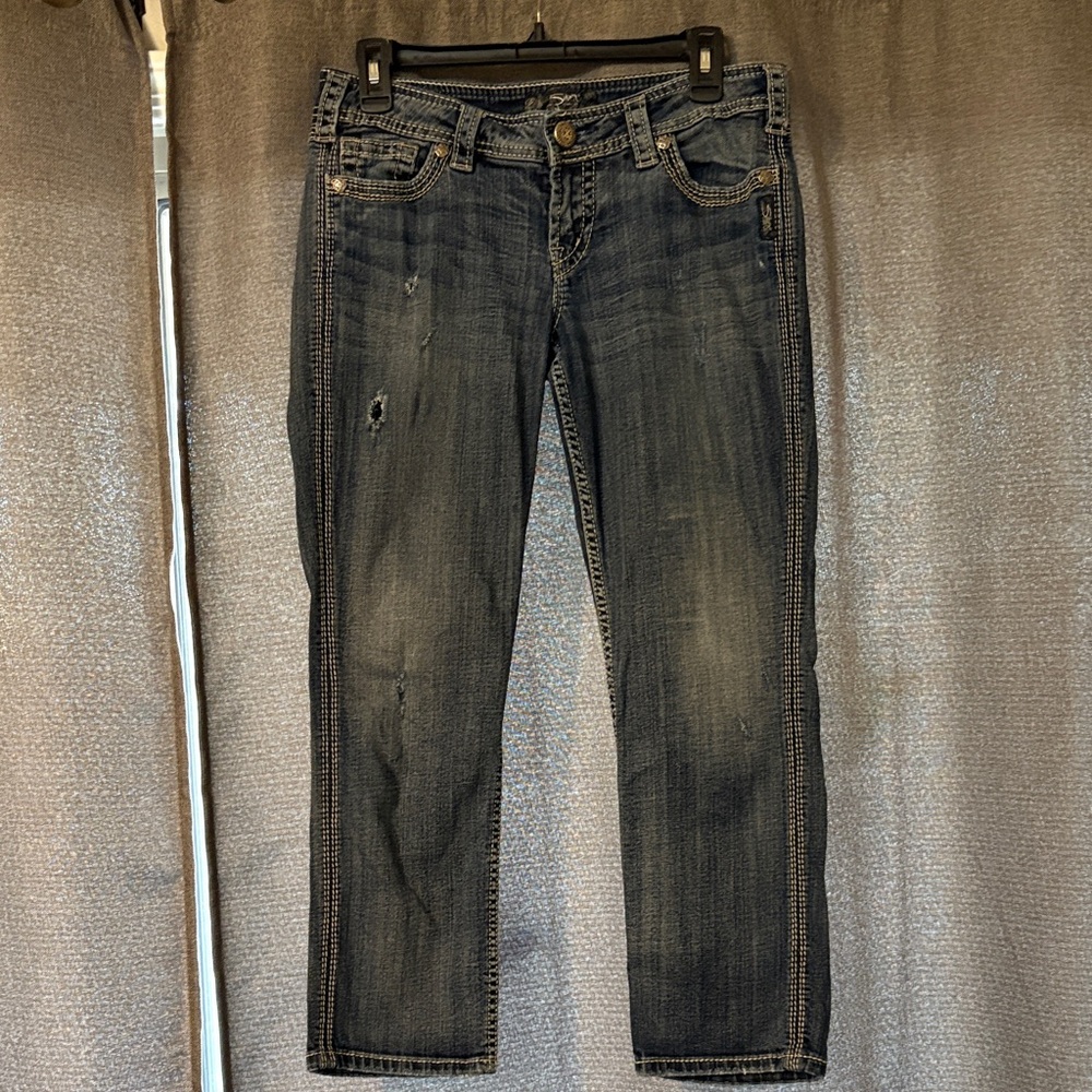 Silver Brand Distressed Denim Capris with Embroidered Pockets